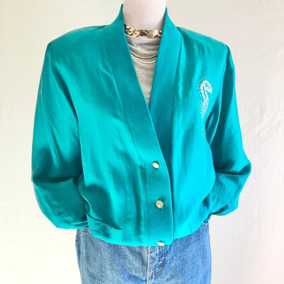 Vintage 80s Sail Away Royal Cruise Line Silk Blazer Turquoise Nautical Size S - Picture 6 of 11
